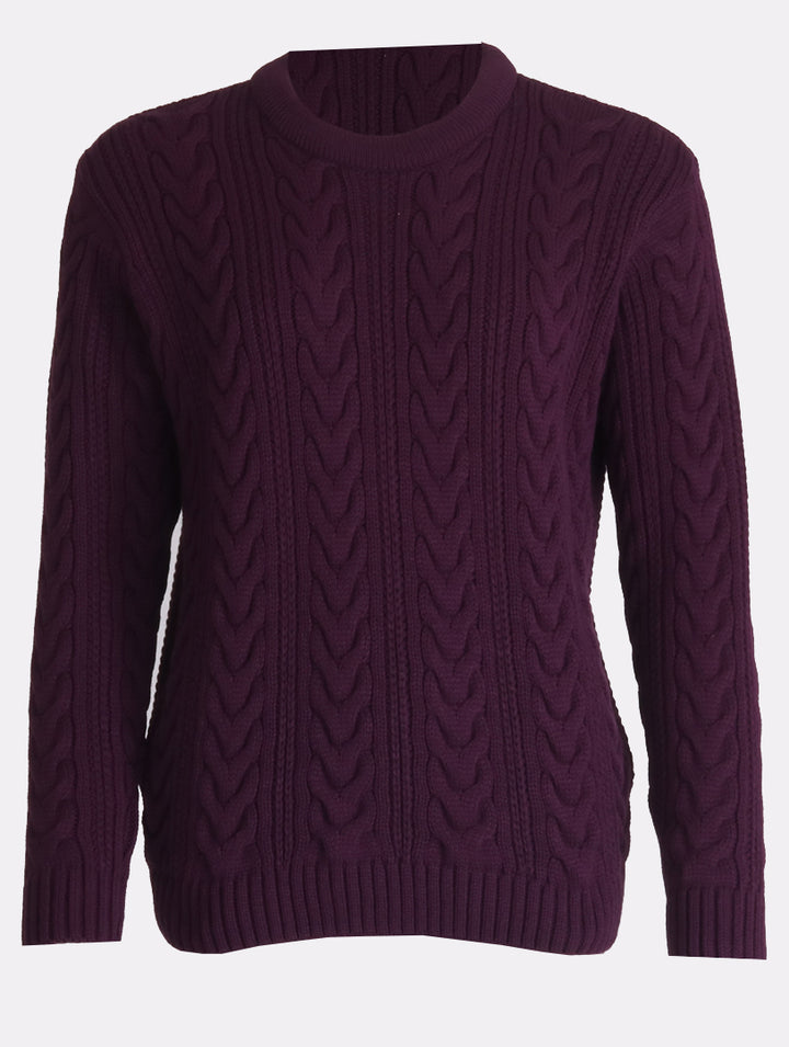 Round Neck Cable Jumper - Plum