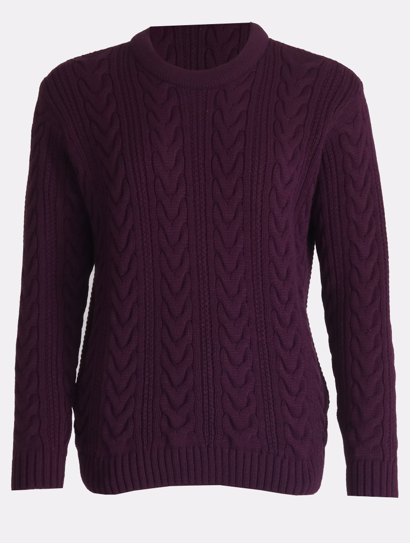 Round Neck Cable Jumper - Plum