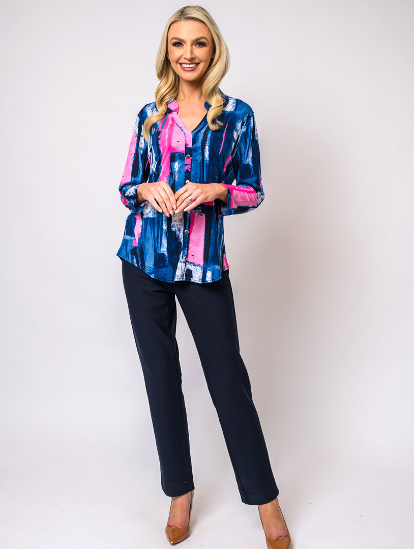 Stand Collar Blouse - Navy/Pink