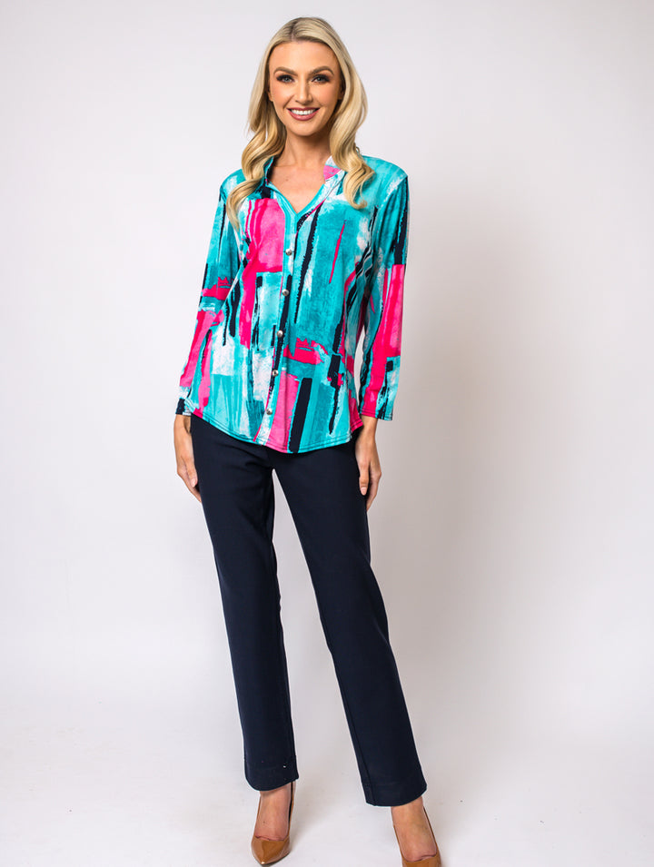 Stand Collar Blouse - Teal/Pink