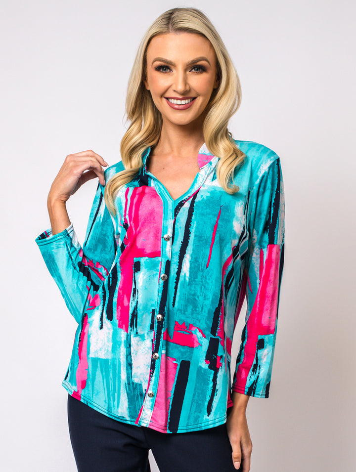 Stand Collar Blouse - Teal/Pink