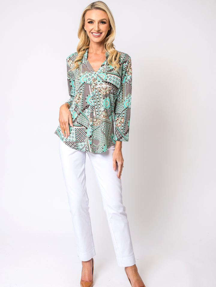 Stand Collar Blouse - Beige/Teal