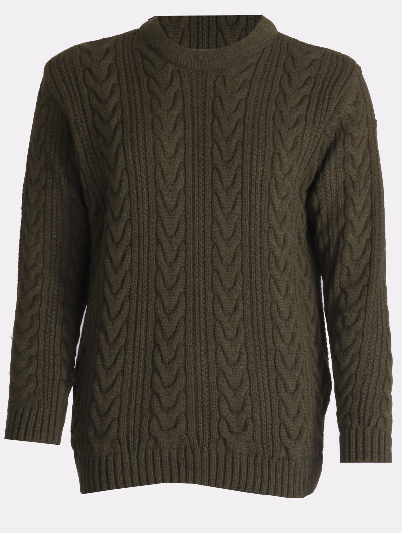 Round Neck Cable Jumper - Khaki