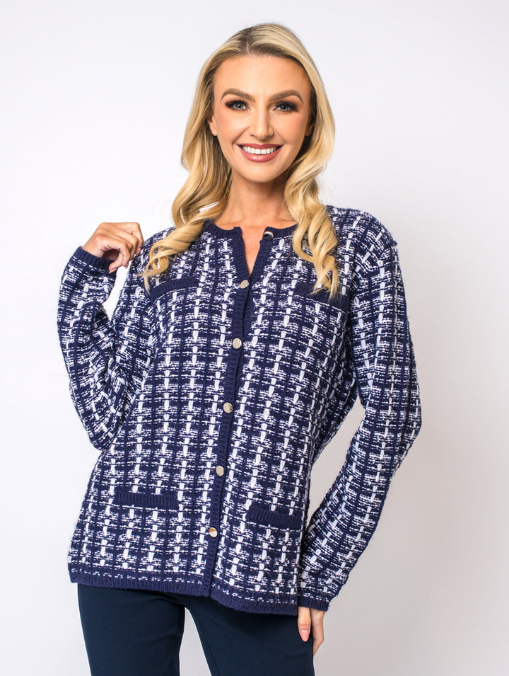 Boucle Cardigan - Navy/White