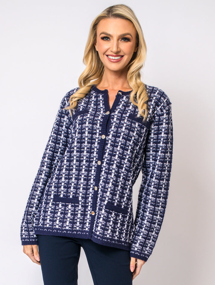 Boucle Cardigan - Navy/White