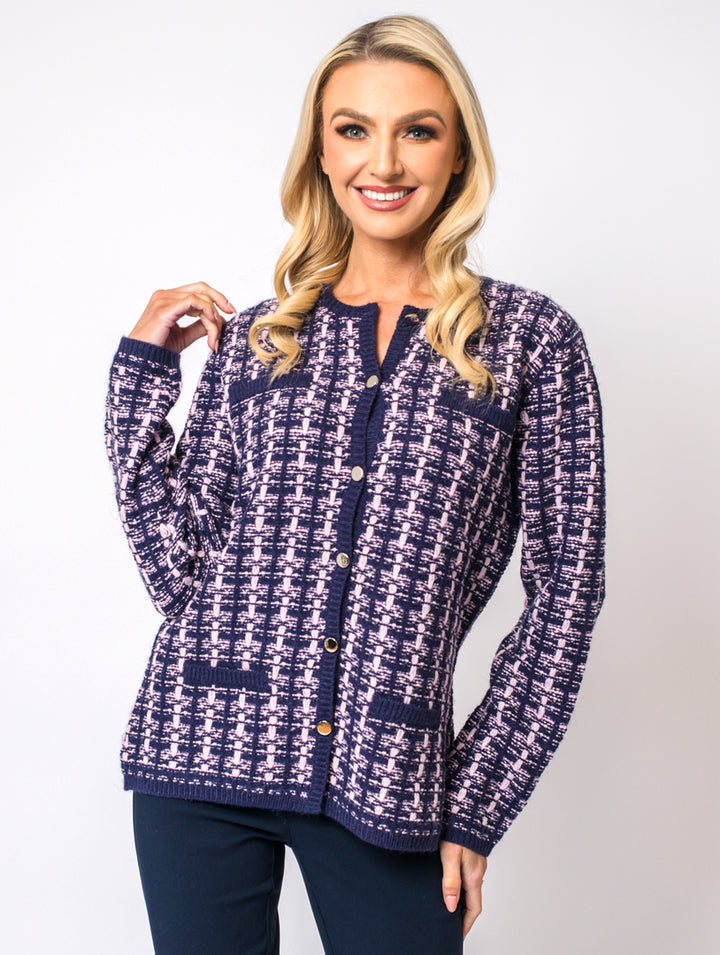 Boucle Cardigan - Navy/Baby Pink