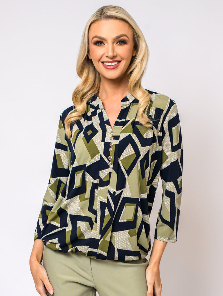 Stand Collar Top - Khaki/Navy