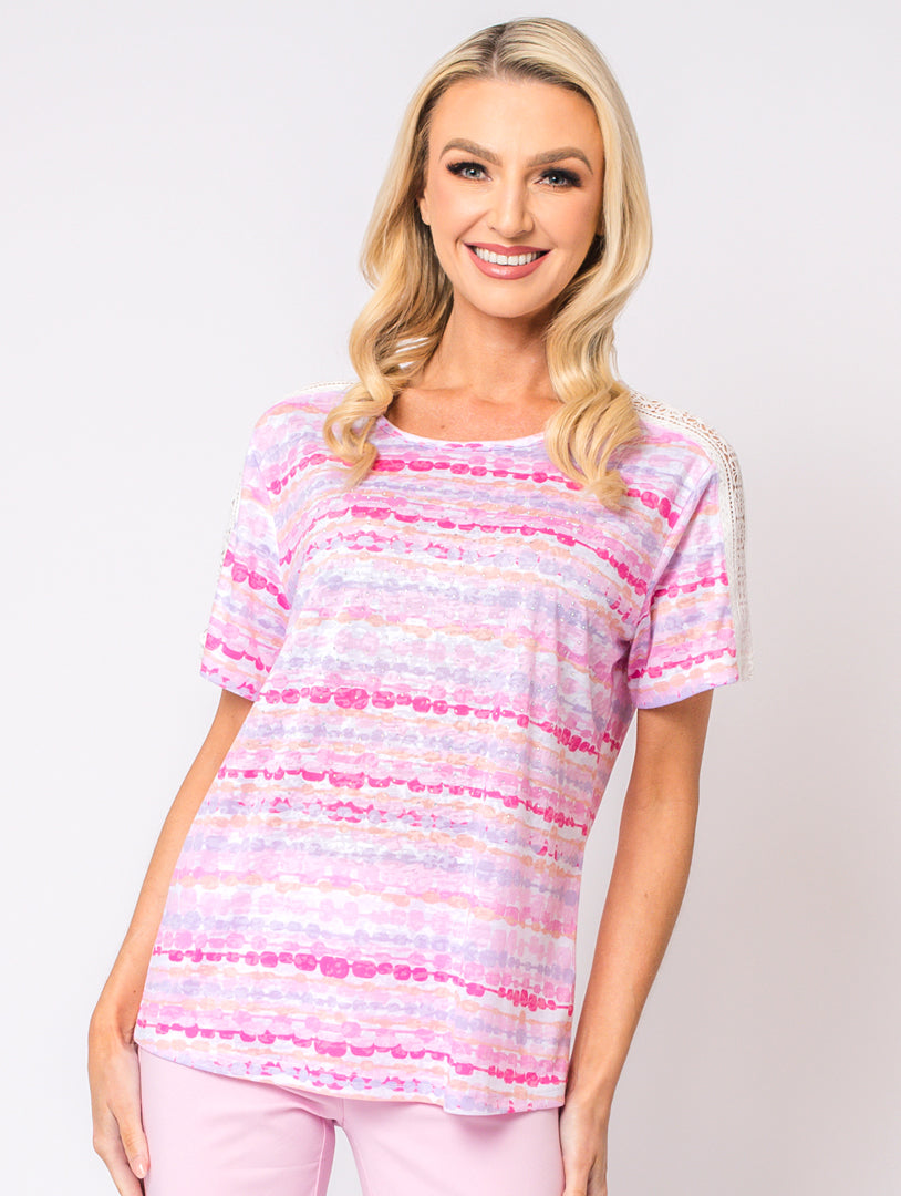 Lace Shoulder Top - Pink Multi