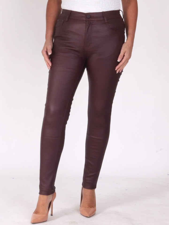 High Waist Leather Look Jeans - Plum