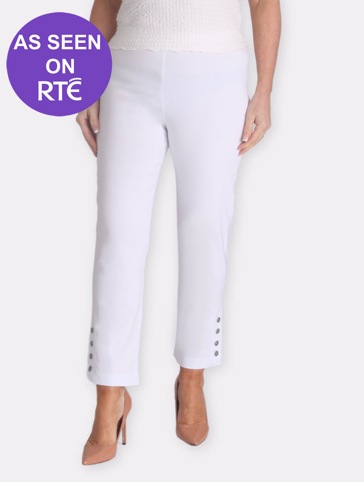 Button Crop Moda Trouser - White